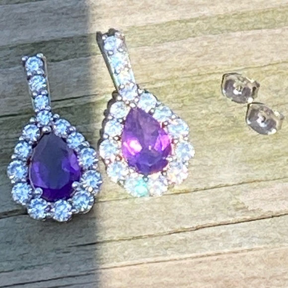 Amethyst .925 Sterling Silver earrings surrounded with white Cz - Picture 8 of 9